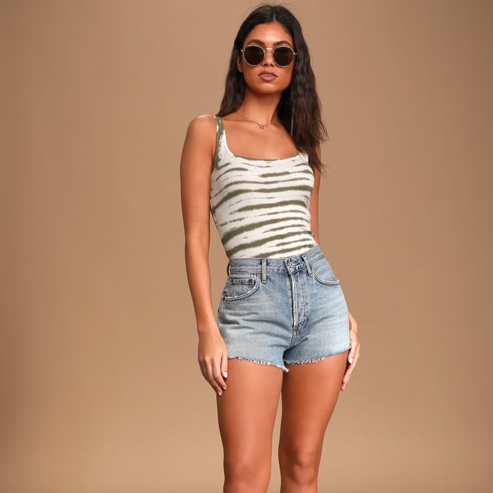 Lulus Olive Green Tie-Dye Ribbed Tank Top
